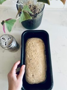 seeded sourdough in a loaf pan ready to rise